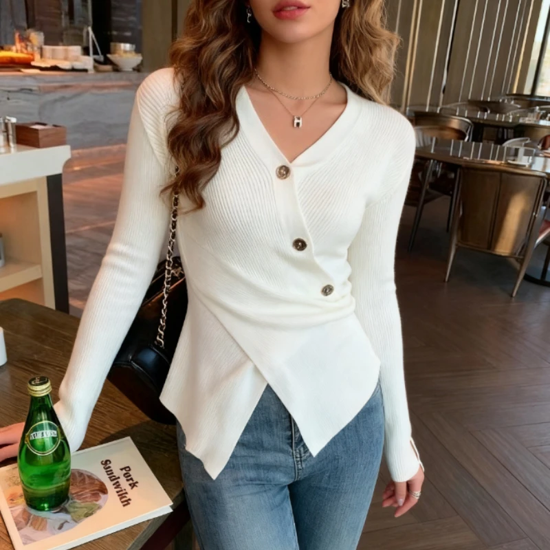 

New Korean Style Slim Fit Sweate Sexy V-neck Cross Elegant Knitted Irregular Sweater Women's Blouse Sweater Winter Clothes