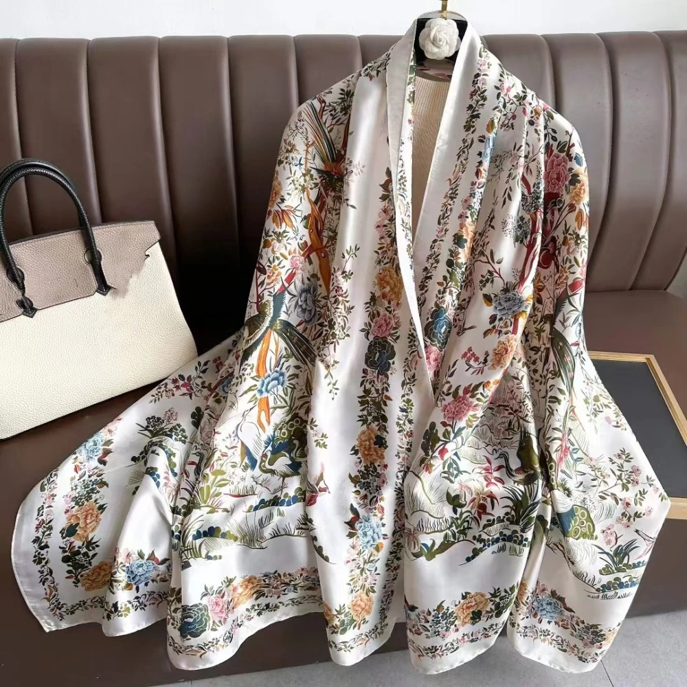 

Elegant Flower Silk Scarf Shawls Soft Sunscreen Satin Neck Scarves Large Thin Beach Hijab Outdoor