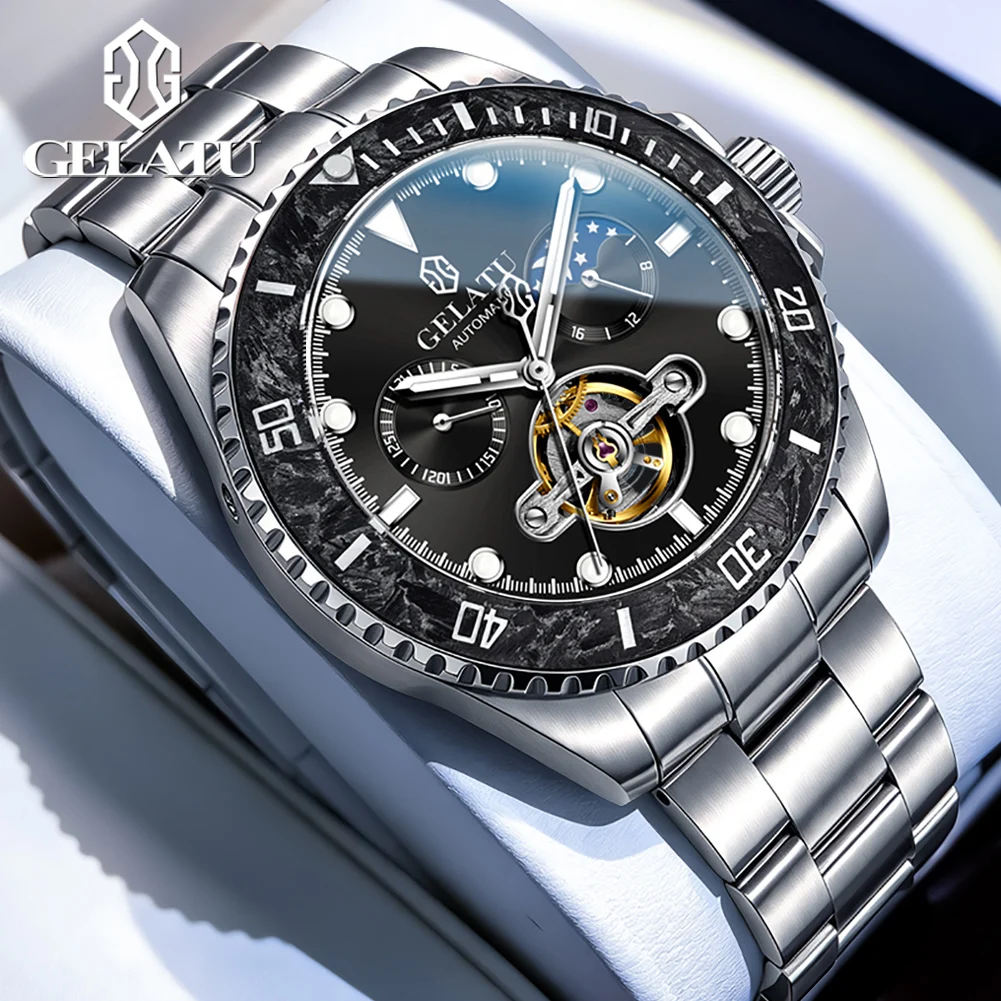 GELATU 6036 Diver Sports Watches for Men Luxury Carbon Fiber Luminous Bezel Skeleton Flywheel Automatic Mechanical Man Watch NEW