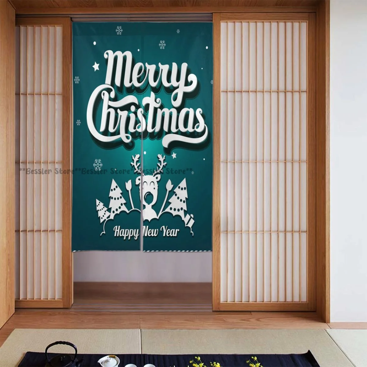 Door Curtain Merry Christmas Lettering Hanging Curtain for Living Room Partition Door Screen Home Deocration