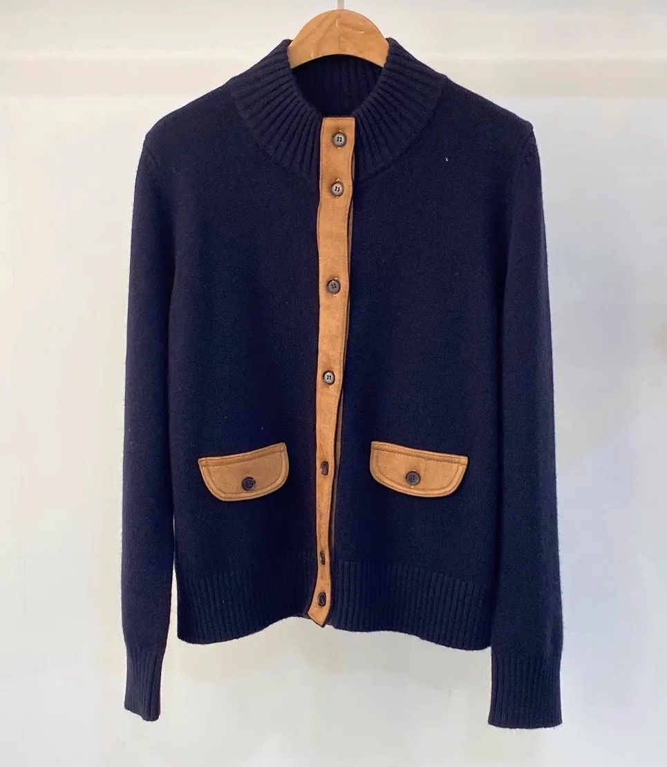 100% الصوف محبوك بالأزرار 2025 الخريف الشتاء أسود رمادي الصوف محبوك جلد الغزال كتلة اللون طويلة الأكمام بالأزرار غير رسمية