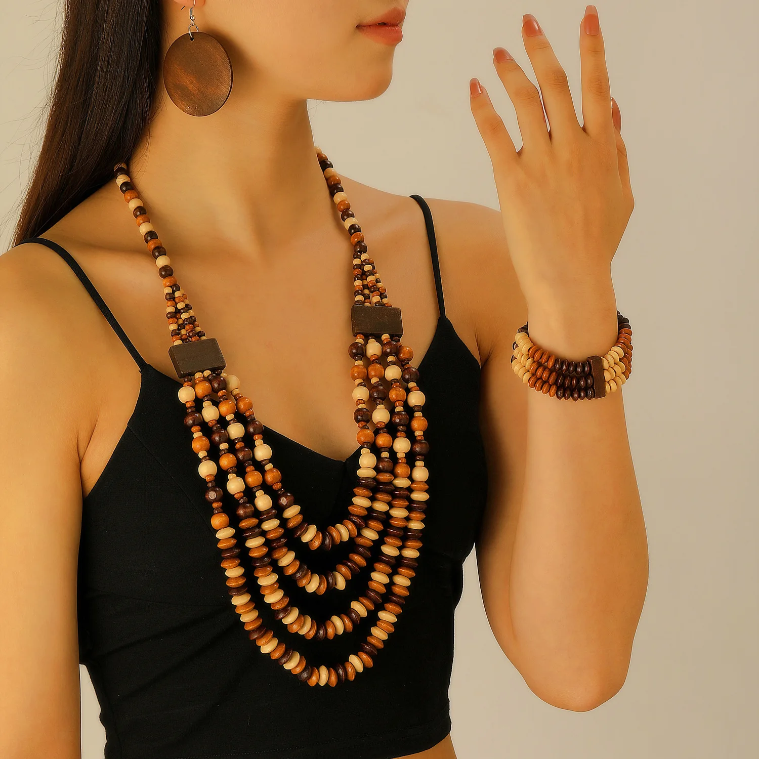 

Bohemian Wooden Bead Multi Layer Necklace Bracelet Drop Earrings Ethnic Long Statement Jewelry Set Women Accessories