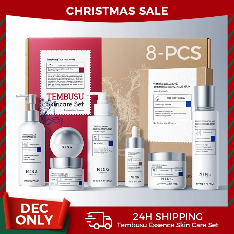 Juego de cuidado de la piel Tembusu Essence: rutina de 8 pasos con limpiador de amino, mascarilla de arcilla, tóner, suero de ácido salicílico, crema y tratamiento de ojos