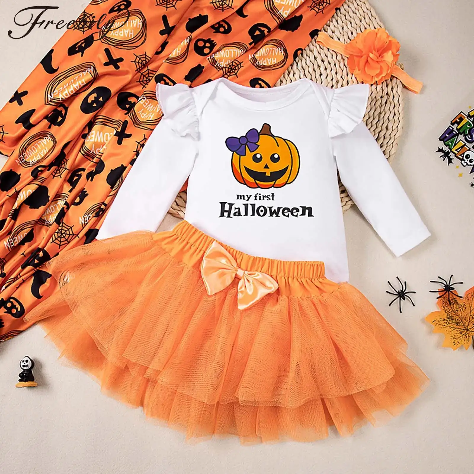 

Infant Baby Girls Halloween Costume Set Pumpkin Witch Long Sleeve Romper Bodysuit with Tutu Skirt Festive Cosplay Fancy Dress Up