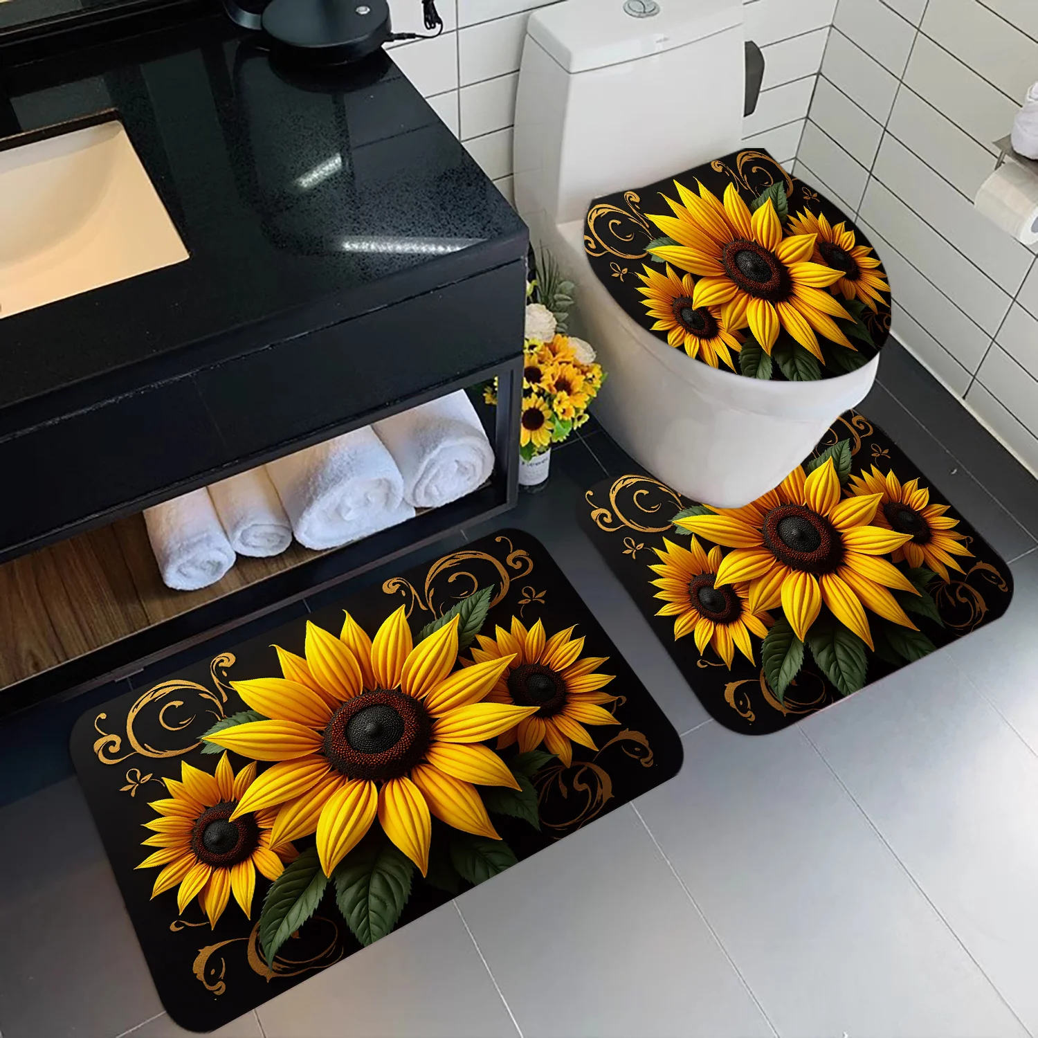 3‑Pieces Vintage Black‑Gold Sunflower Printed Bathroom Mat Set, Decor Rug Kit With Toilet Lid Cover & U‑Shaped Mat