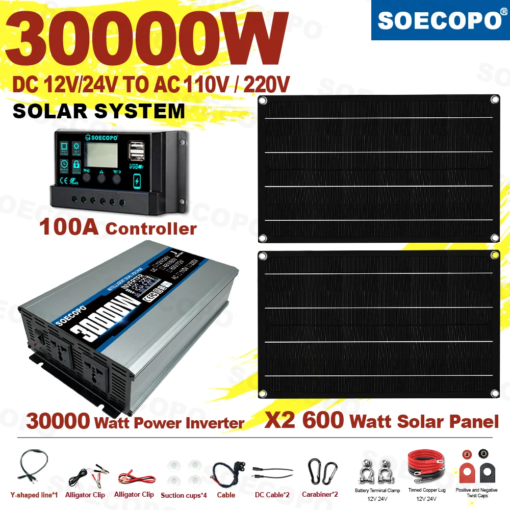 

SOECOPO Peak Power 30000W Solar Kit 2*600W Flexible Panels 100A Regulator 12V 24V Auto Converter To 110V 220V for Balcony RV