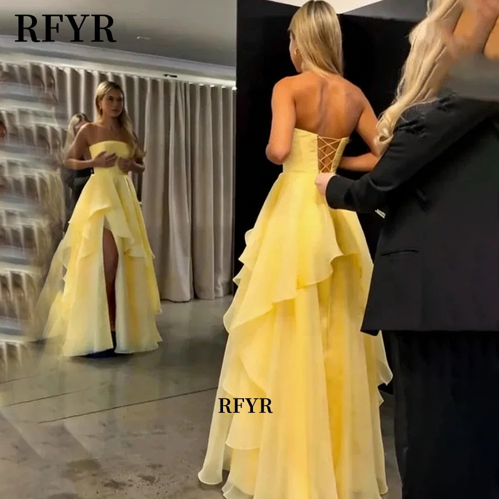RFYR Yellow Prom Dress Strapless Evening Dress High Slit Party Dress Lace Up Back Celebrity Dress for Arabic Women Customized image 4
