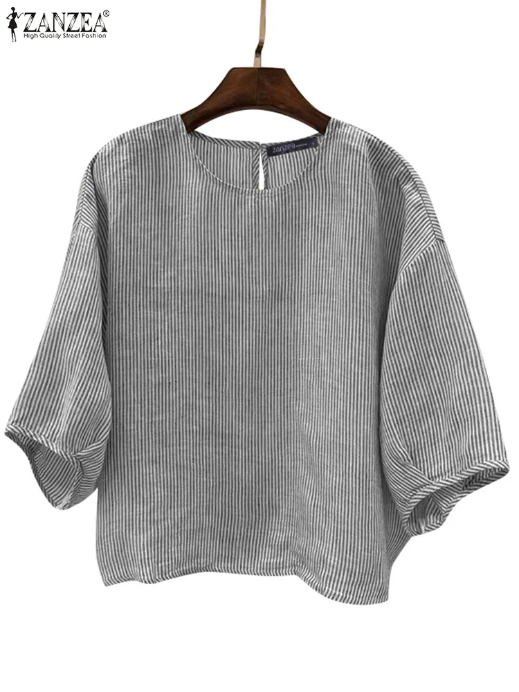 ZANZEA Summer Fashion Shirt Women Striped Blouse O Neck 3/4 Sleeve Holiday Tops Tunic Casual Work Blusas Femininas Chemise 2024