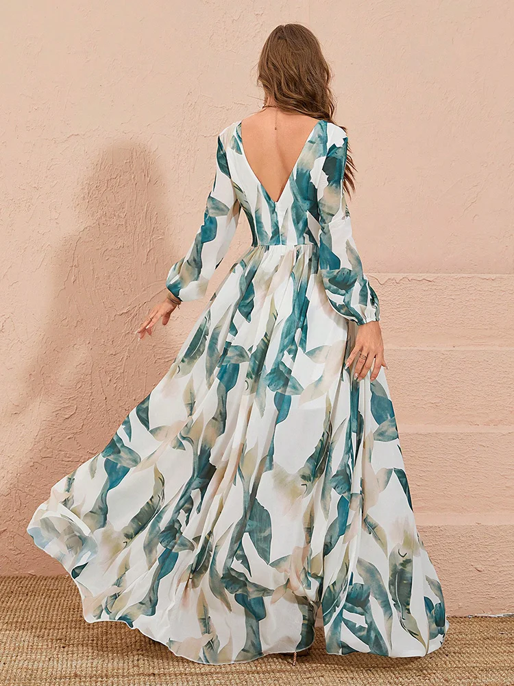 TOLEEN-vestido maxi de cintura alta para mulheres, roupas boêmias para férias, casual e elegante, estampado em plantas, lado dividido, moda verão, novo, 2022