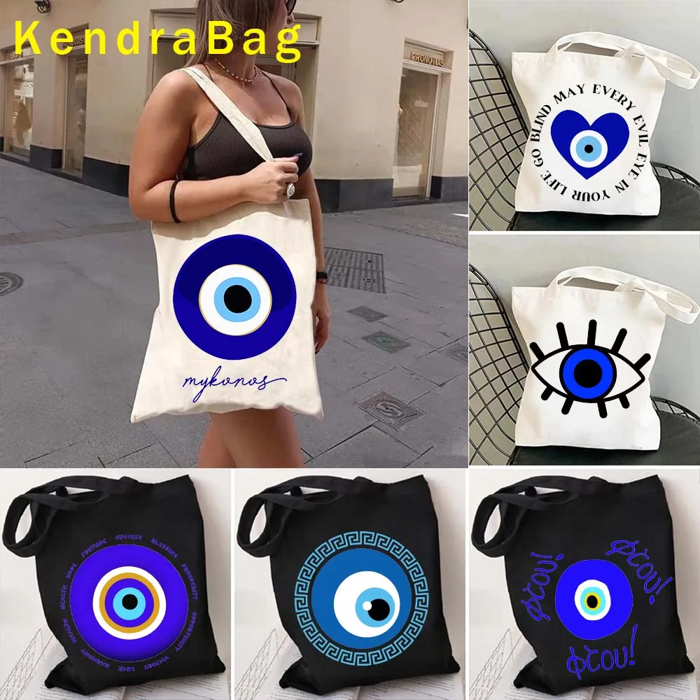 Magic Greek Mati Blue Evil Eye Amulet Protection Nazar Heart GREECE Colorful Canvas Shopping Tote Bag Shopper Cotton Eco Handbag