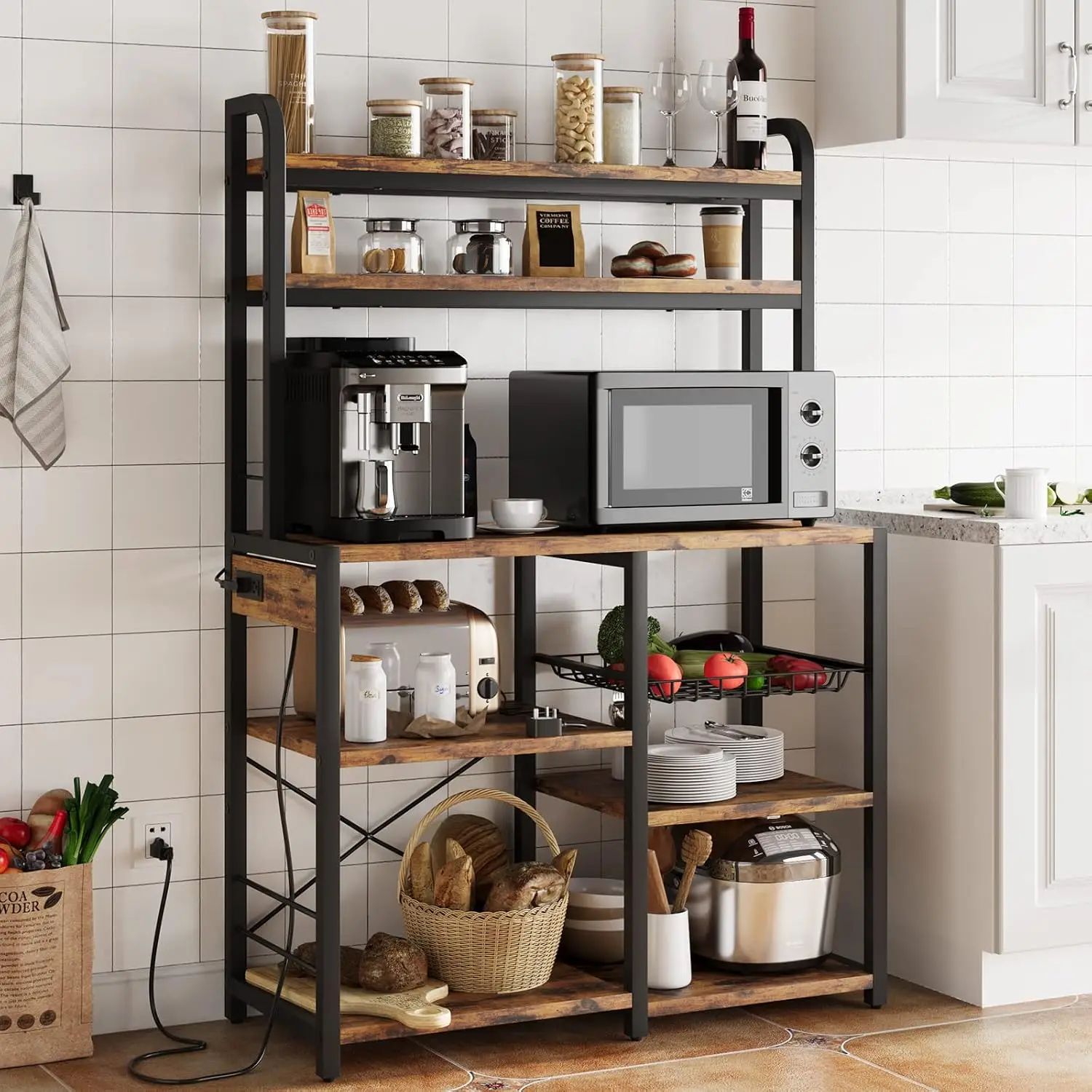 Bakers Rack with Power Outlet, 5-Tier Microwave Stand with Wire Basket, Coffee Bar Station, Kitchen Open Storage Shelves
