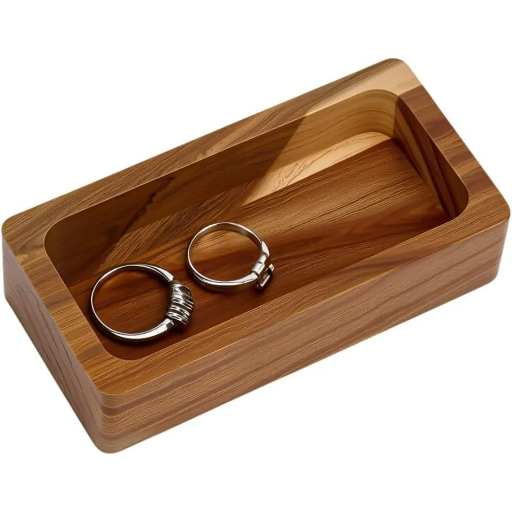 Rechteckiges Serviertablett aus Akazienholz. Rechteckige Servierplatte aus Holz für die Präsentation von Sammlerringen und Schmuck