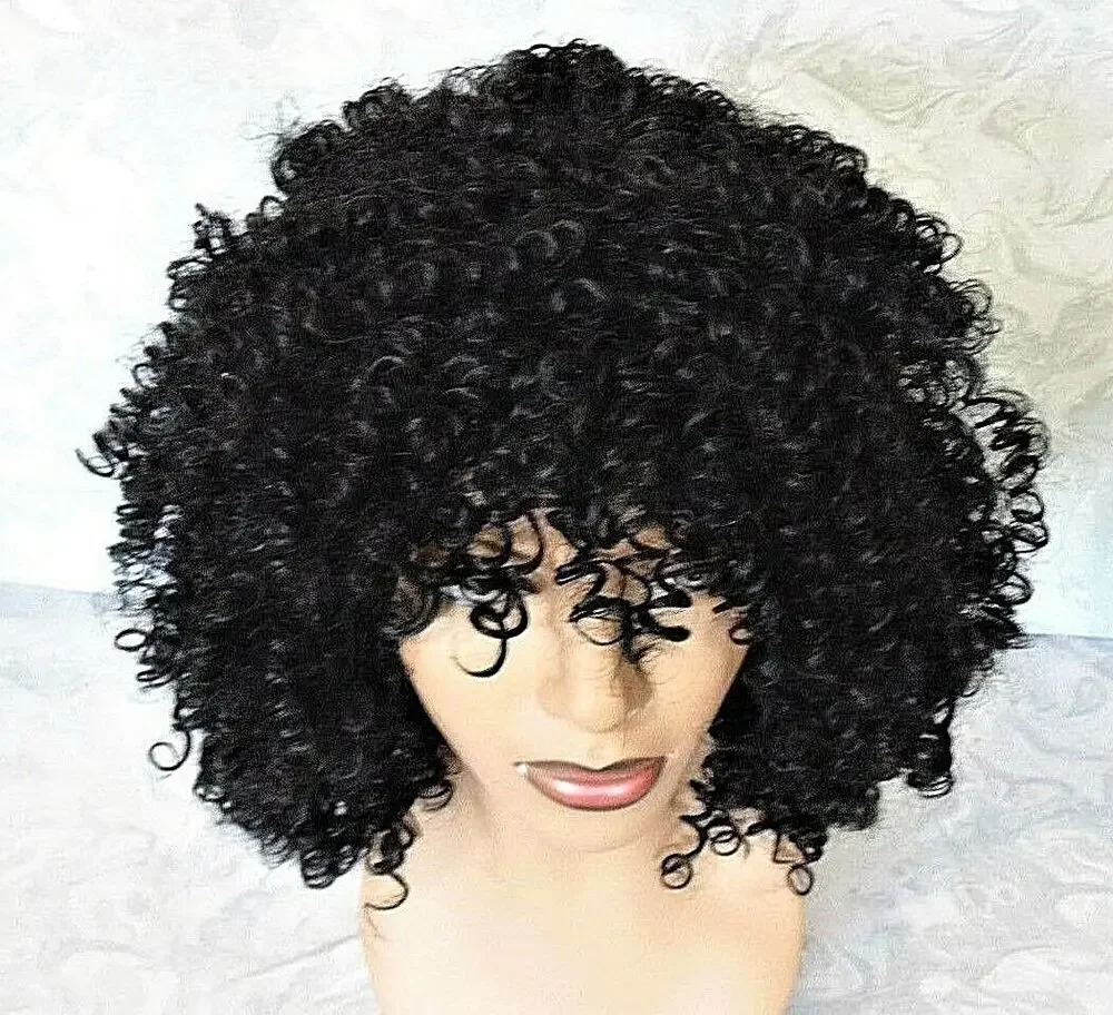 Dobrej jakości, naturalna czarna peruka syntetyczna typu Kinky Curly o dużej objętości