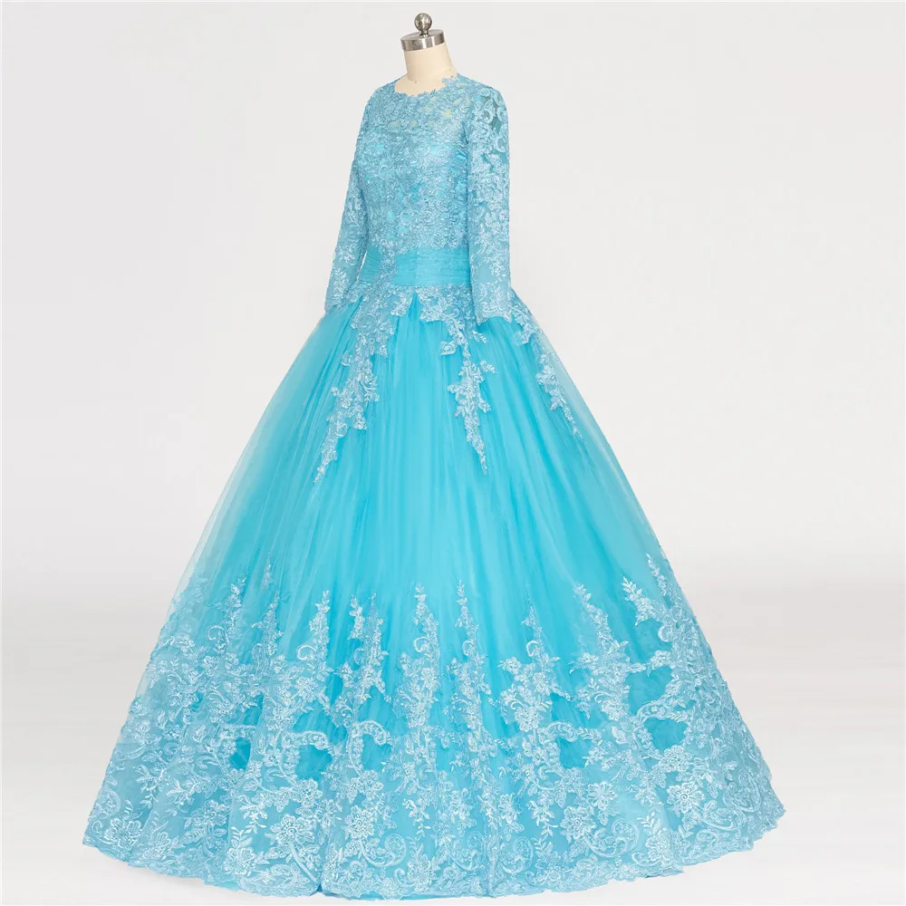 Aseoase – robe De mariée musulmane à manches longues, en Tulle, bleu, Photo réelle