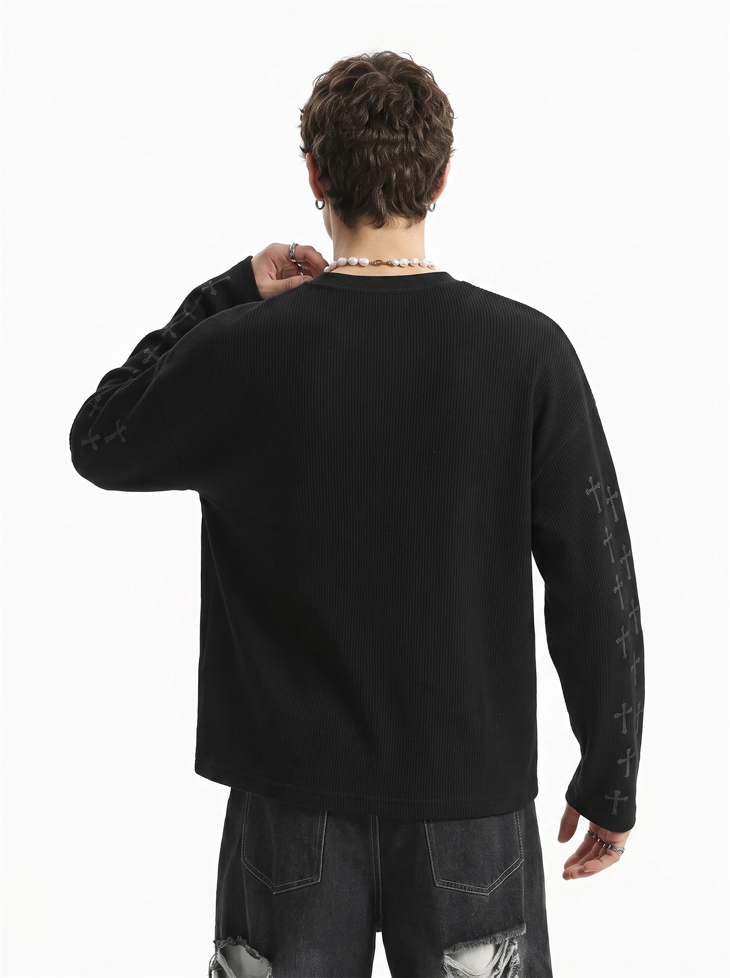 BETEBULE American High Street Cross Letter Print Long Sleeve T-Shirt Men's Vintage Short Wide Boxy Top Youth Trend Home Daily...