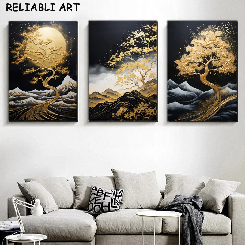 Abstract Golden Mountain Tree Canvas Painting 3 Panels Poster and Prints Wall Art Pictures for Living Room Home Decor No Frame