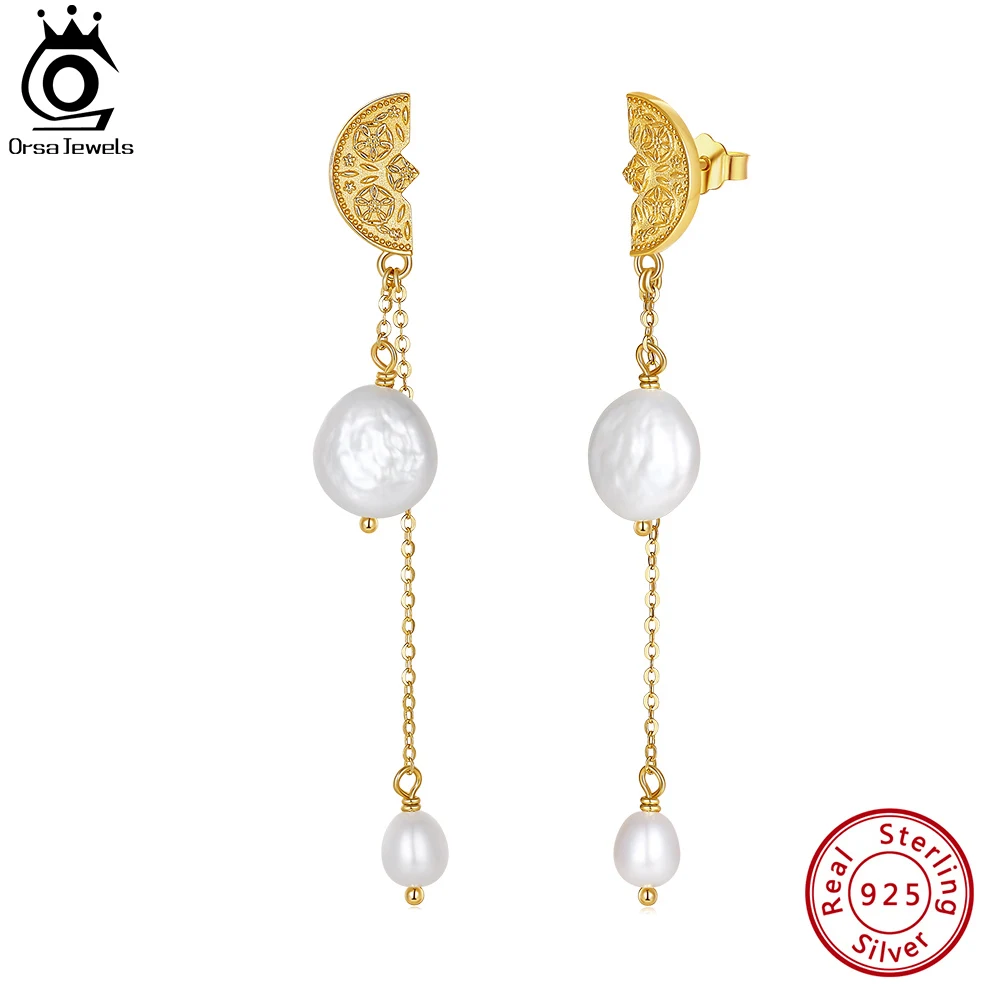 

ORSA JEWELS 63mm Fashion 925 Sterling Silver Dangle Earrings with Natural Pearl for Women 14K gold Plated Drop Ear Jewelry GPE95