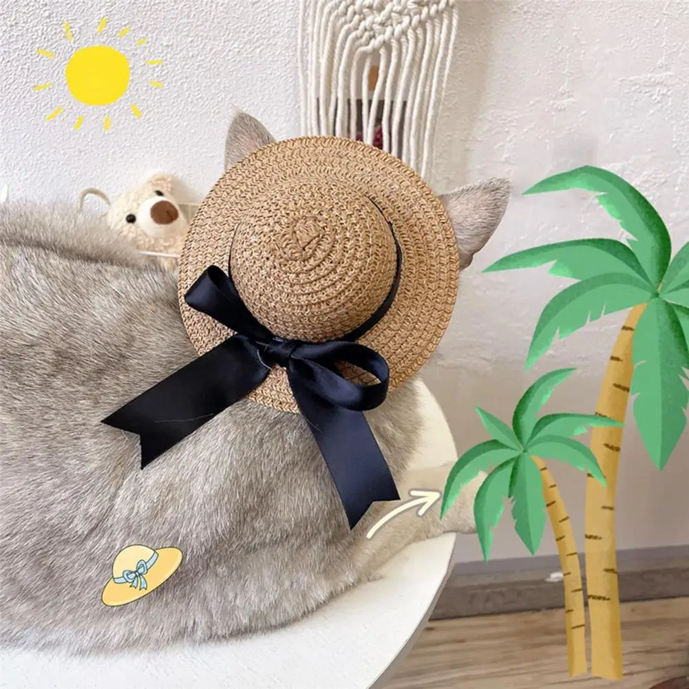 Pet Straw Hat Dress Up Adorable Fashion Pet Cat Dog Bowknot Sun Hat Elastic Adjustable Strap Cat Hat Pet Supplies