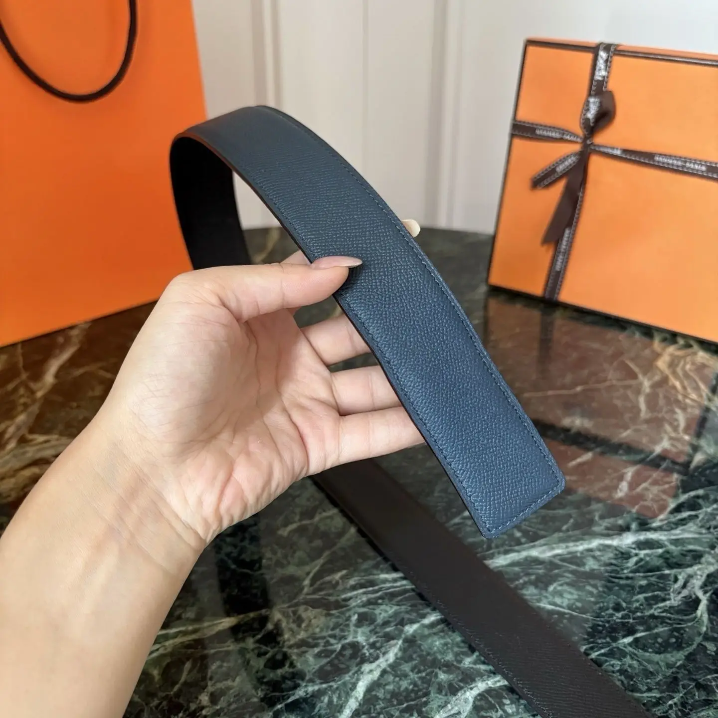 Navy Blue Cross Grain Reversible Belt Strap Unisex Leather Replacement Belt Strap With Fine Stitching No Buckle
