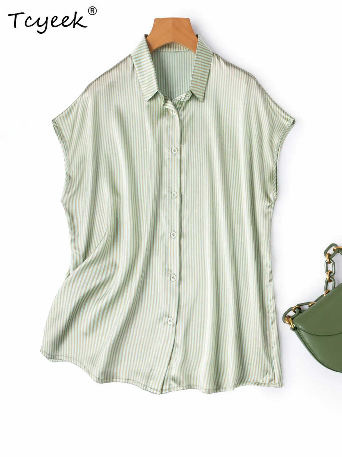 

Tcyeek 93% шелковая летняя рубашка из тутового шелкопряда для женщин, элегантные рубашки, женские топы свободного кроя, в полоску, мягкие, Camisas De Mujer 2026