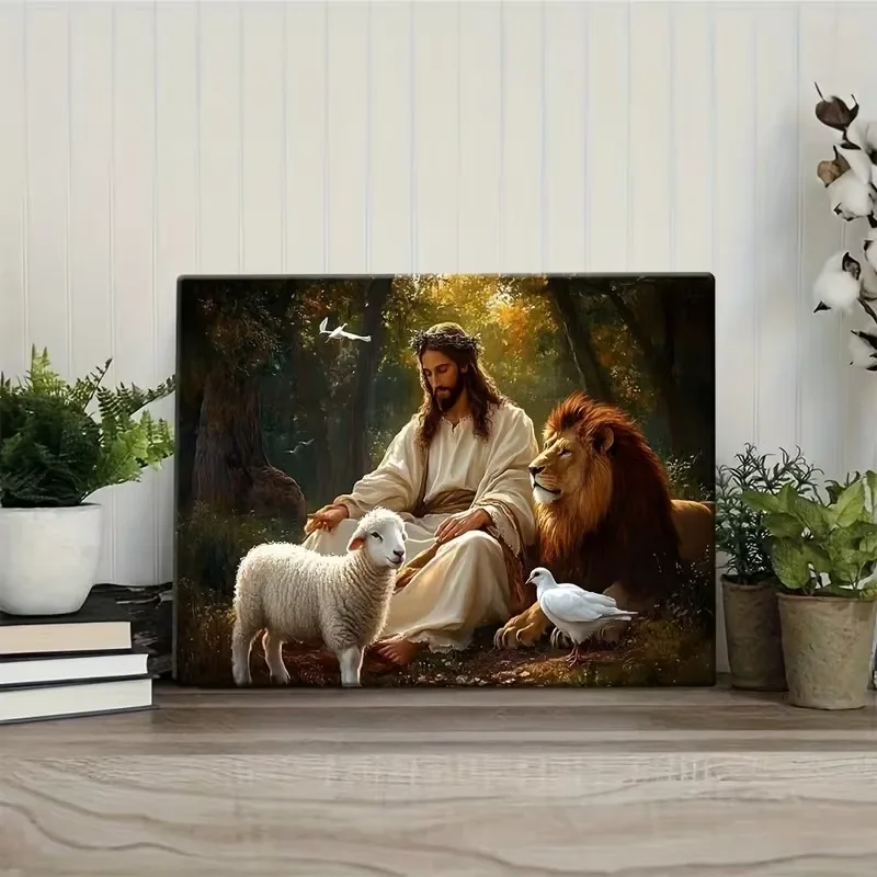 Multiple sizes 1pc frameless Canvas Painting,Jesus in The Forest with The Lion The Lamb The Dove Poster and Prints Canvas Painti