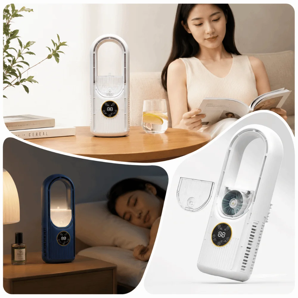 6 Speed Portable Air Cooler Silent Timer Humidifying Function Leafless Fan Compact Lightweight Adjustable Wind Speeds
