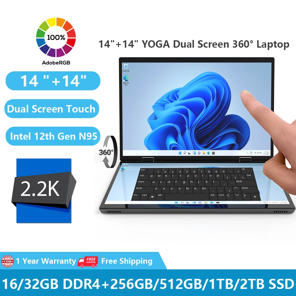 Ordenadores portátiles con pantalla táctil Dual, Notebook con tapa, Windows 11 2024, PC para juegos, YOGA, 14 pulgadas, 360 K, Intel N95, 32Gb de RAM + 1TB, M.2, 5G, WiFi, 2,2