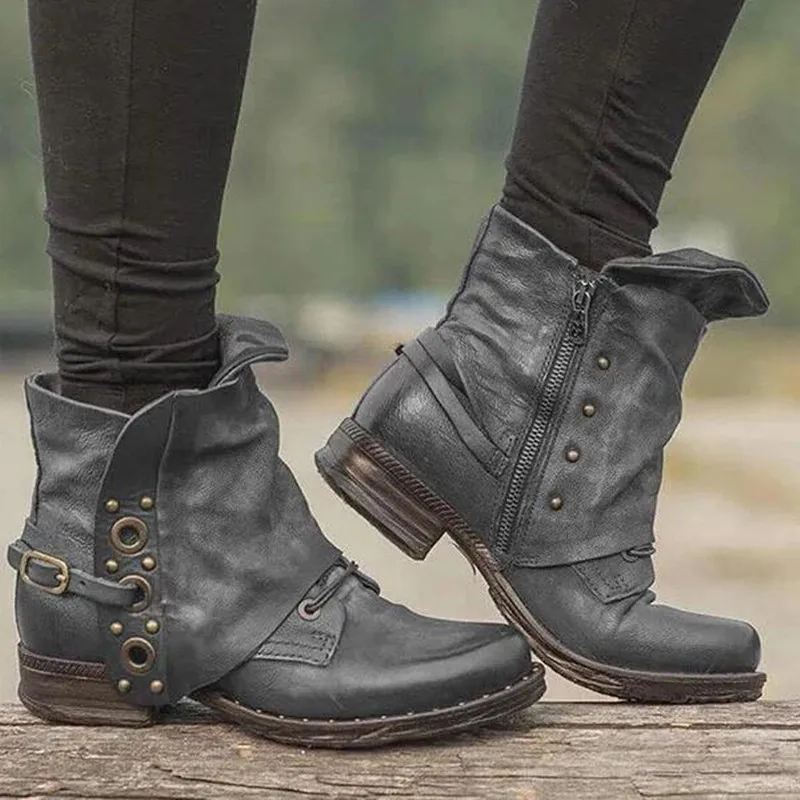 Vintage Large Square Head Women's Leather Boots Short Tube Height Zipper Closure PU Material Spring Autumn Fashion Boots