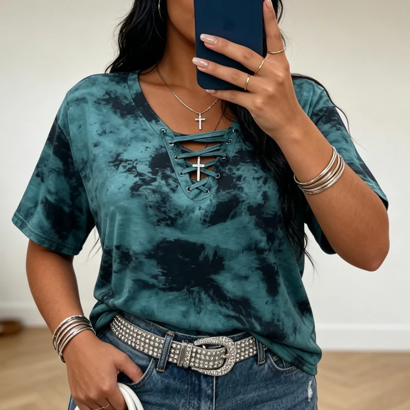 Y2K Fashion Loose Printed T-shirt Women's Tie Dye Short Sleeved Blouse with V-neck Strap Cross Front Casual Daily Street Wear