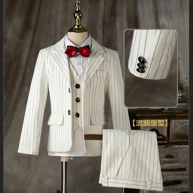 High -end Boys White Striped Suit Set Mid -children Model Catwalk Show Hostess  Piano Performance Costume Kids Jacket Pants Vest