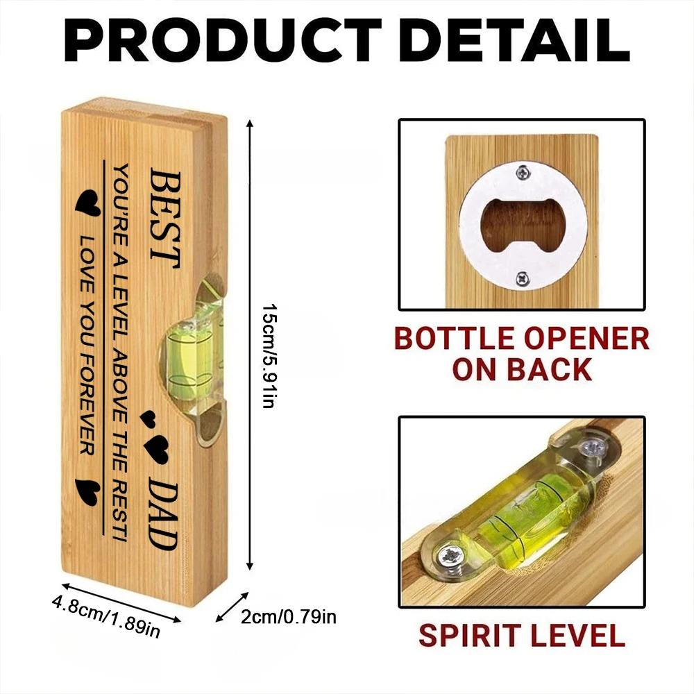 A bamboo spirit level bottle opener, a solid wood corkscrew gift for Dad on Father's Day or his birthday.