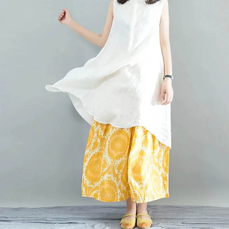 Yellow Artistic Loose Linen Wide-leg Pants for Women With Elastic Waist Casual Nine-point Pants All-match Skirt Pants
