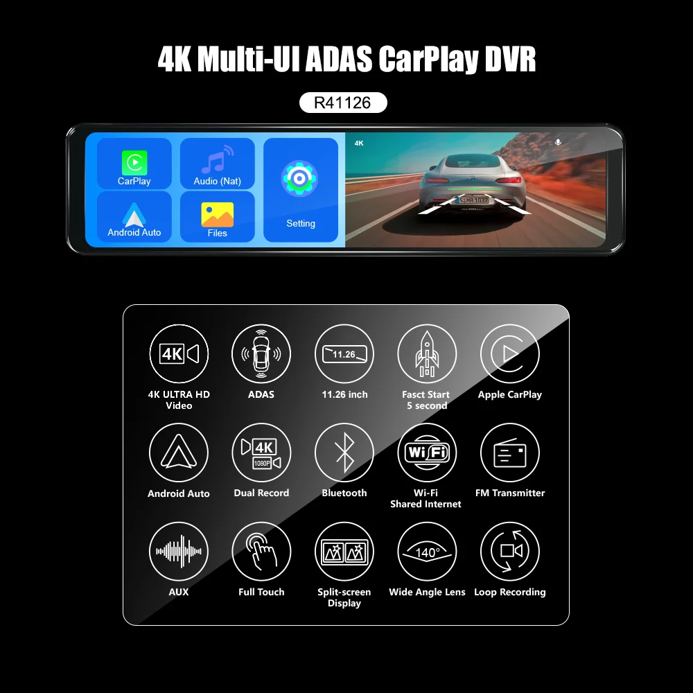 12 Inch 4K+1080P Car DVR Carplay Android Auto WIFI GPS Dual Dash Cam Front And Rear 4K For Car Cam Rear Camera Auto Recorder