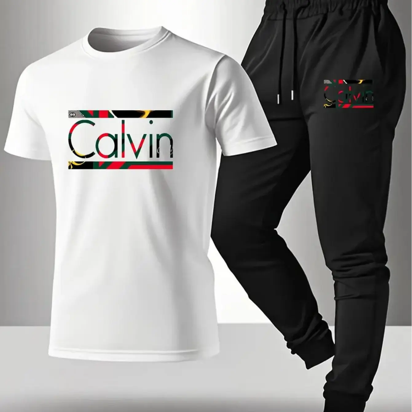 

Breathable & Comfortable Men's Spring Summer 2-Piece Set Printed Cotton Short Sleeve T-Shirt & Long Pants Casual Outdoor