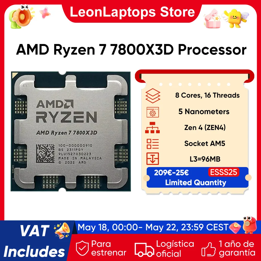 PROCESADOR AMD Ryzen 7 7800X3D R7 7800X3D 5,0 GHz 8-Core 16-Thread CPU procesador 5nm 96M Socket AM5 placa base… — oferta en AliExpress