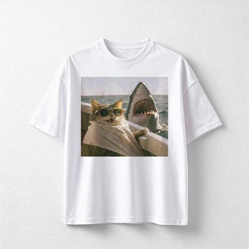 Vintage Cat Shark Meme T Shirt Cool Sunglasses Cat on Boat Graphic Tee Men Women Casual Streetwear Short Sleeve Tops