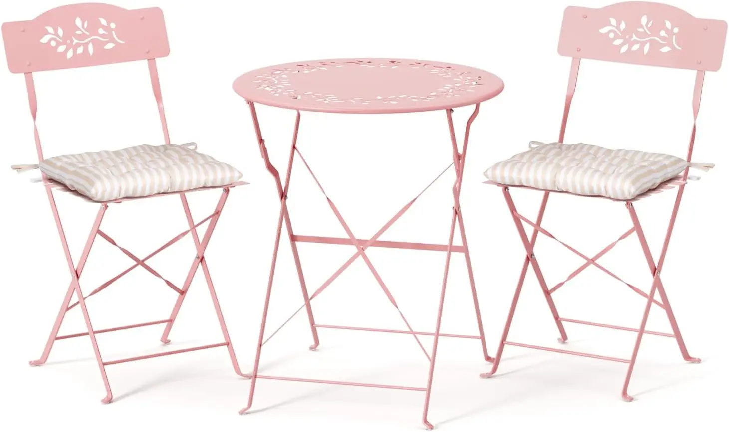 Pink 3-piece folding outdoor bistro set featuring olive leaf hollow cutout design, equipped with soft thick cushions for patio, balcony, garden, porch and yard daily leisure time