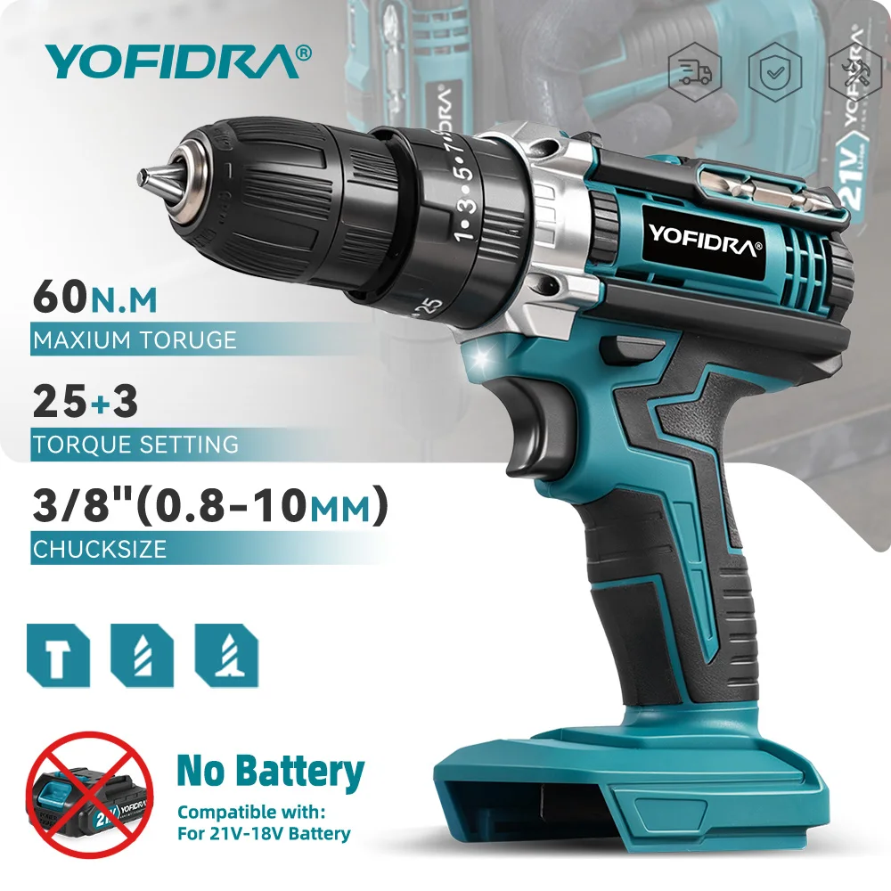 YOFIDRA 60N.M 25 + 3 عزم الدوران الكهربائية تأثير الحفر مفك البراغي اللاسلكي الحفر يده أداة السلطة ل ماكيتا 18 فولت-21 فولت بطارية دبوس #1