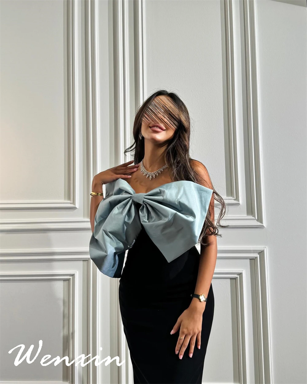 Robe De soirée en Jersey noir doux, personnalisée, sans bretelles, sans manches, robes De retour, à la mode, avec nœud