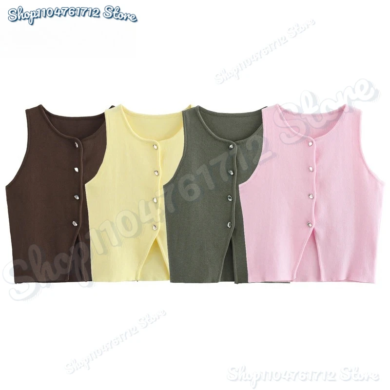 

Pink Knit Sleeveless Vest Women Cropped Sweater Vest Top Women Yellow Button Vests Women Streetwear Waistcoat Knitwears
