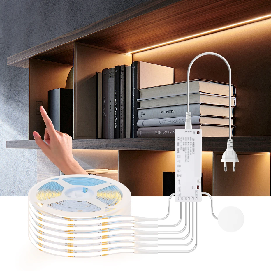 

12V COB LED Strip Light with Adjustable Penetrable Wood Touch Dimmer Adhesive Backing for Kitchen Cabinets Wardrobe Lighting