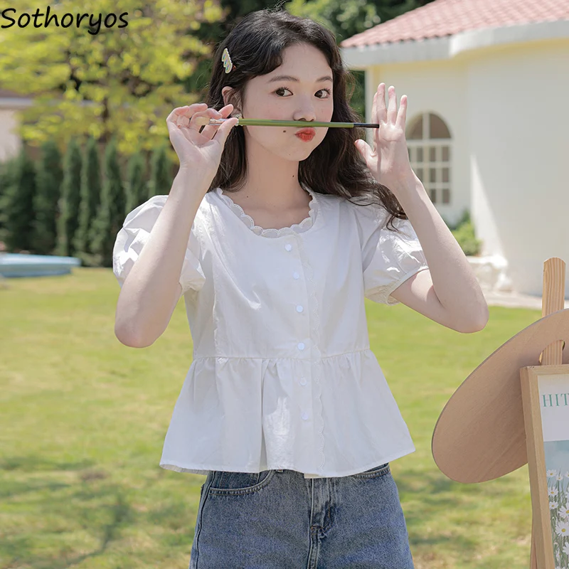 Summer Shorts for Women Tops Gentle Soft Sweet Puff Sleeve Tender Ulzzang Students Breathable Camisas Literary Streetwear Daily