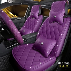 Luxury Car Seat Covers Leather Front and Rear Seats Automotive Protectors Universal with woman Crown Rhinestones Rivets Styling