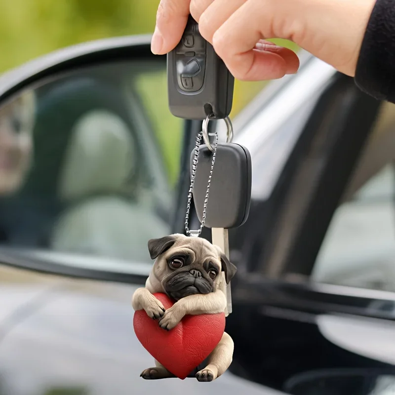 Adorable Pug Dog with Heart Keychain Cute Puppy Acrylic Pendant Versatile Charm for Car Mirror,Backpacks,Home,Festive,Gift&Decor