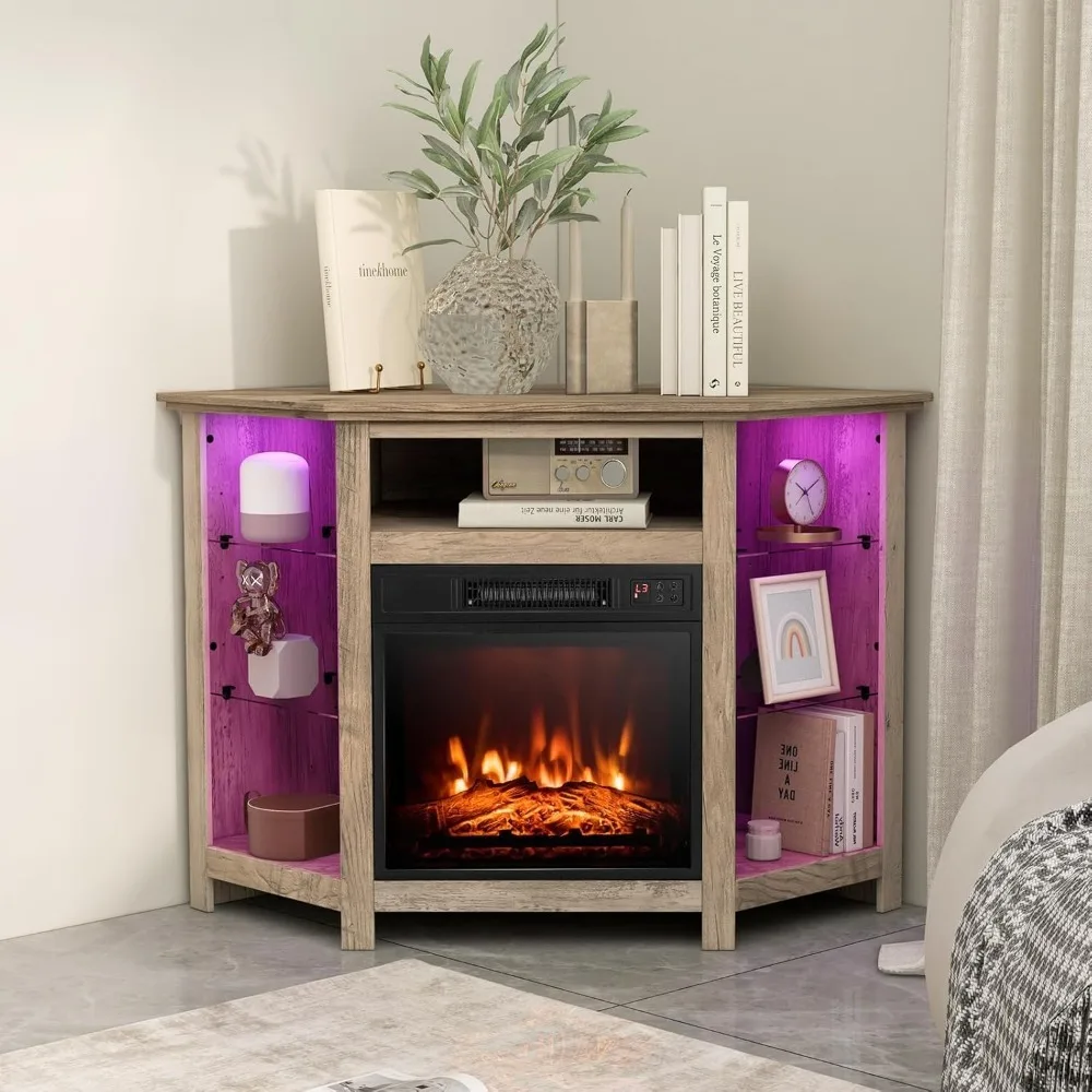 Electric Fireplace Corner TV Stand for TVs Up to 50 Inches, Modern Fireplace Entertainment Center with 16-Color LED Lights.