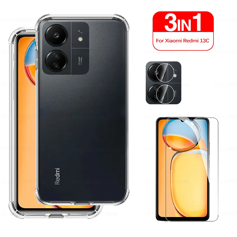 3in1 عدسة واقية من الزجاج المقسى حافظة شفافة لهاتف Xiaomi Redmi 13C Redmy 13 C C13 Redmi 13C 6.74 بوصة غطاء هاتف من السيليكون #1