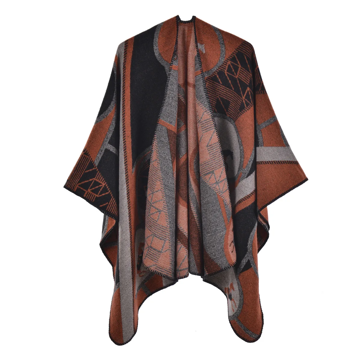 

Poncho Warm Shawl European and American Women's Thickened Imitation Cashmere Split Cape Capes Cardigan Lady Coat Cloak Coffee