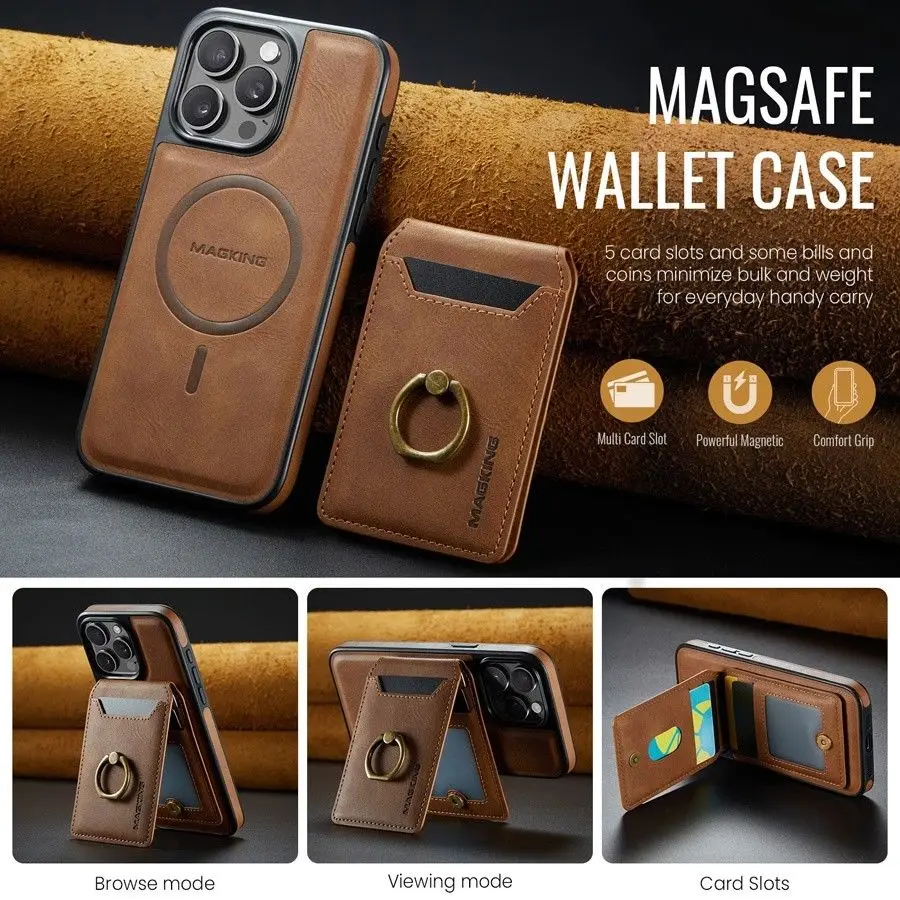 

Magnetic Detachable Leather Wallet Phone Stand Case Wireless Charge Cover for iPhone 12 13 14 15 Plus 16 Pro Max 17 Air