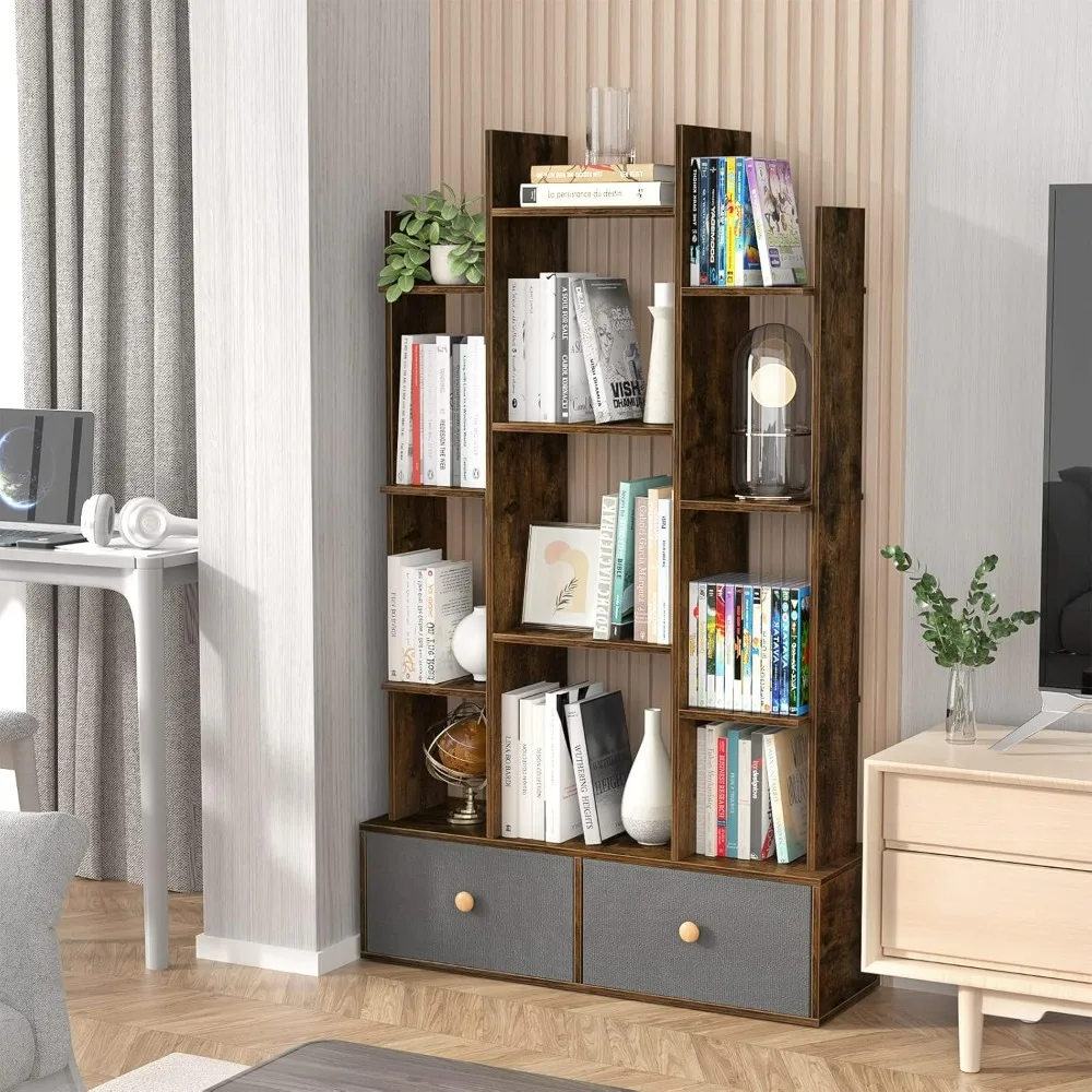 Book Shelves,with 2 Drawers,Book Case For Bedroom, Living Room, Home Office,book Shelf