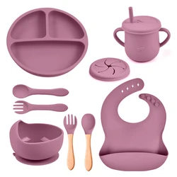 8PCS Baby Feeding Set Waterproof Bibs Kids Sucker Dinner Plate Antislip Bowl Spoon Cup  Children's Tableware Baby Stuff